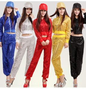 Black silver white gold yellow royal blue red sequins  women's girls long sleeves pants school play stage performance jazz dance hip hop dance costumes outfits dancewear